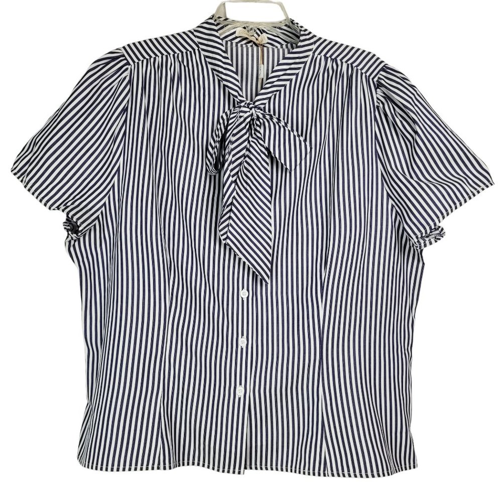 Belle Pogue Womens NWT 3X Top Blouse Bow Short Sleeve Buttons Striped Blue White